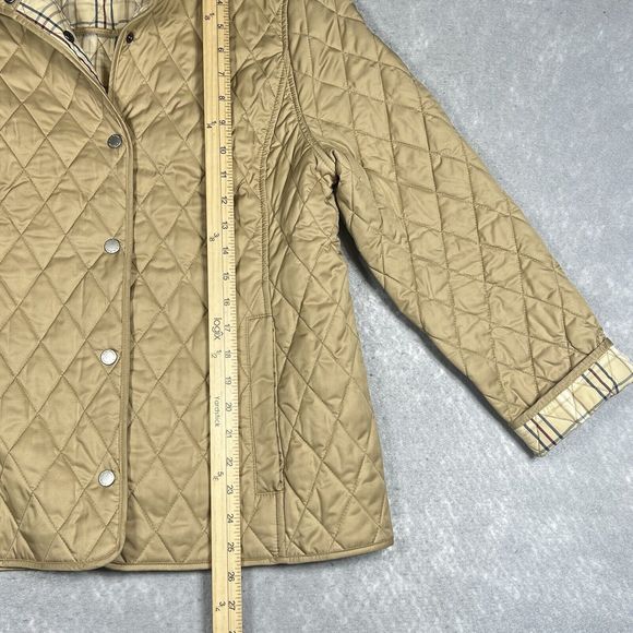 L.L.Bean Gold Quilted Jacket Women Small Tan Nova Check Plaid Lined Snap Button - Picture 5 of 9